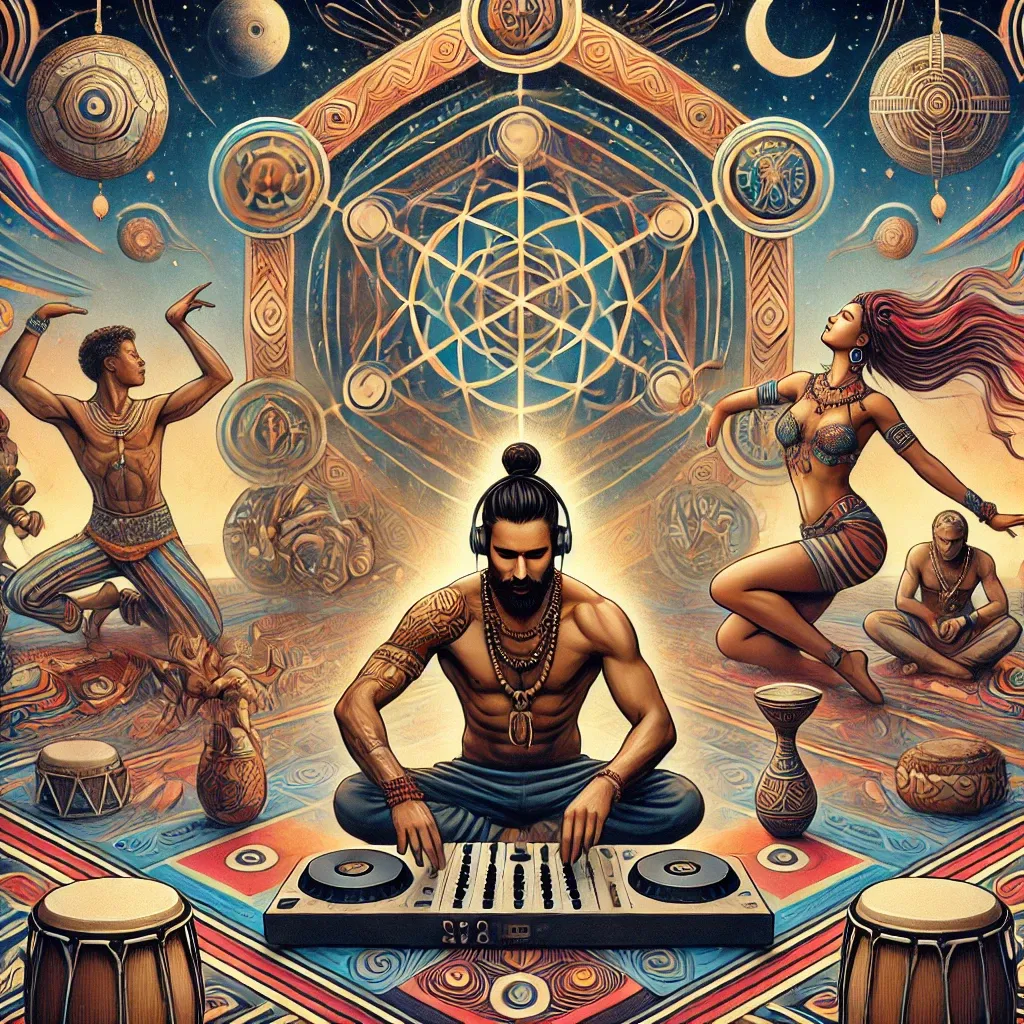Illustration: a man with headphones sits at a DJ controller, with people dancing and sitting around him among drums and patterns.