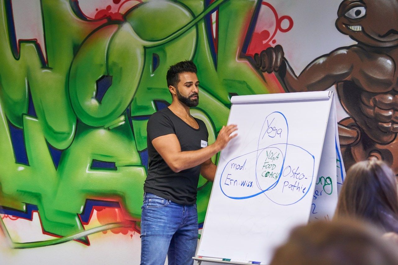 Sohrab Papahn stands at a flipchart showing three overlapping circles: yoga, modern nutrition science, osteopathy; in the middle Yoga Food Coach